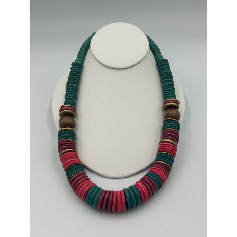 Vintage Wood Bead Disc Jewelry Necklace Natural BOHO Ombre Color 1980s Statement